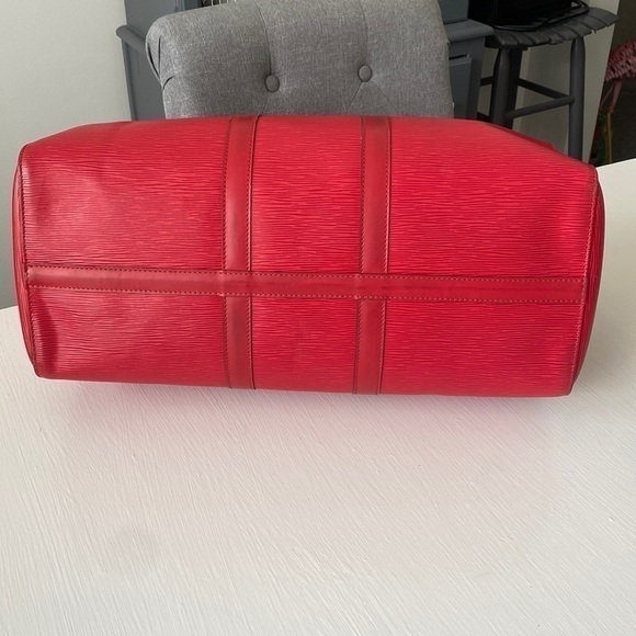 Louis Vuitton Red Epi Leather 45 Boston Bag Keepall Duffel Red Strap LV Dustbag - Picture 7 of 17
